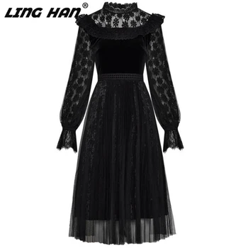 

LINGHAN Vintage black Mesh Patchwork Party Dress Women Elegant Embroidery Lantern Sleeve Velvet Dresses Designer New