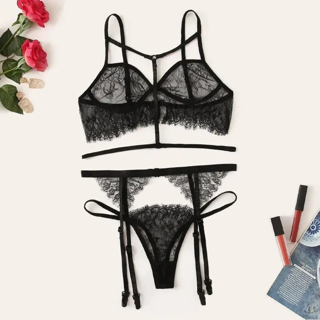 

M-3XL Women Sexy Lace Lingerie Set Plus Size Hollow Temptation Seamless Bra Thong G-Tring Garter Intimate Underwear For Female