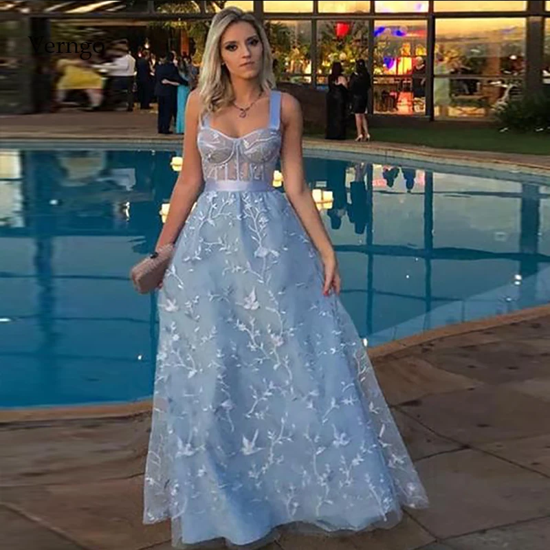 

Verngo A Line Evening Dress Blue Flower Formal dress Lace Appliques Elegant Dress Party Gowns Abiye Gece Elbisesi