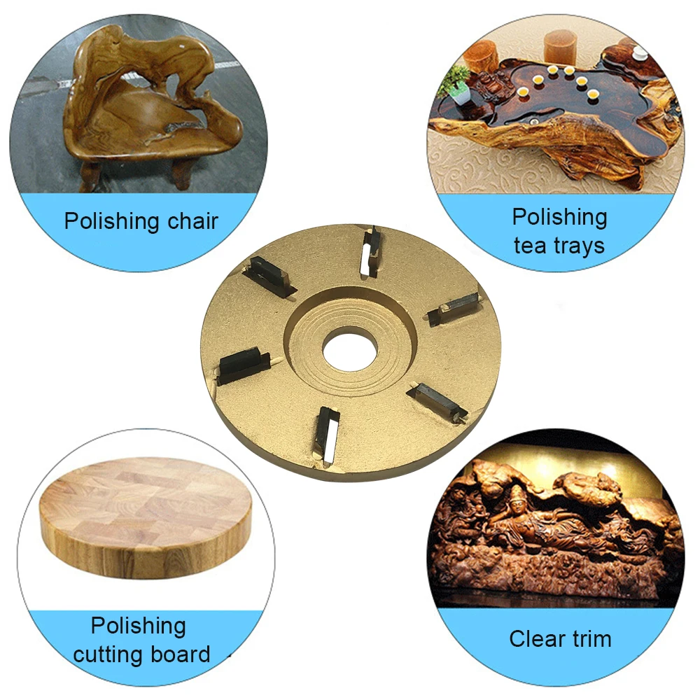 

Hot 6-Teeth Gold Steel Power Wood Carving Disc Tool Milling Cutter Woodworking Turbo Arc/Flat for 16mm Aperture Angle Grinder