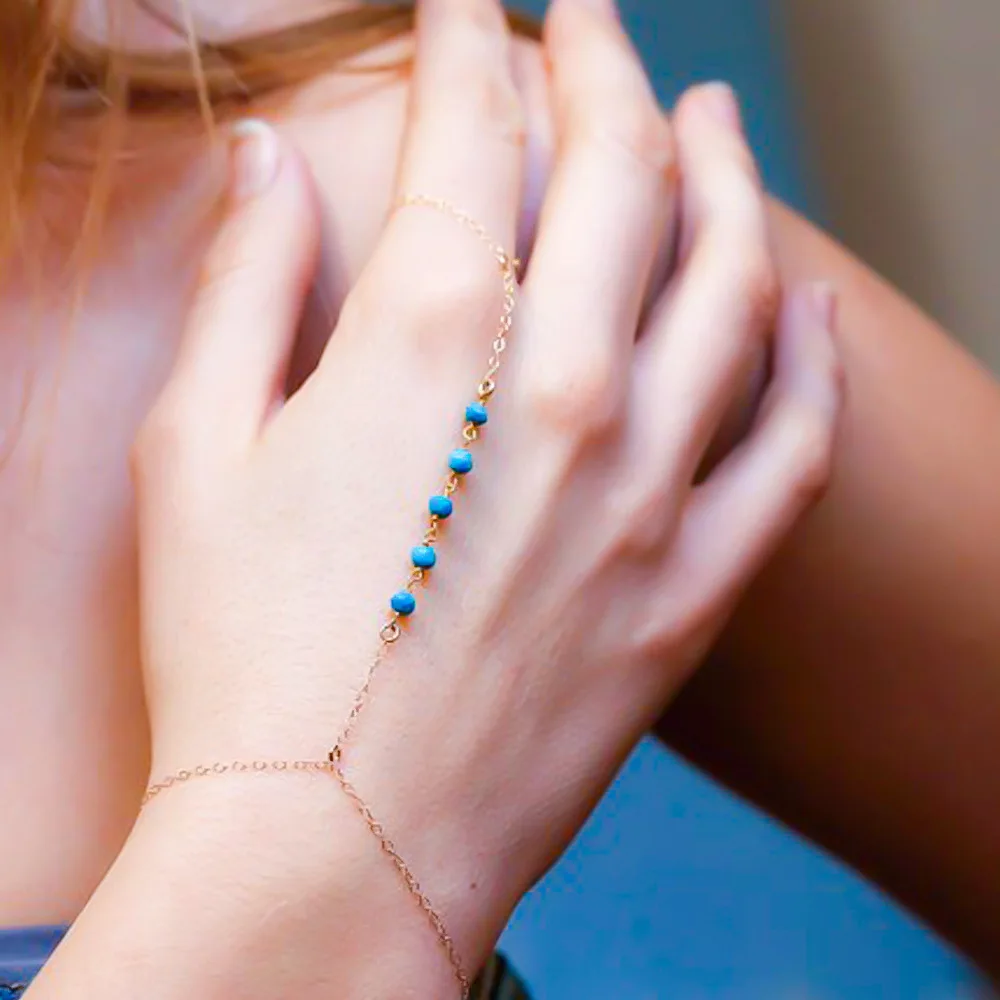 

Simple Pine Stone Beads Hand Chain Bracelet Gold Silver String Adjustable Finger Charm Bracelets for Women Jewelry