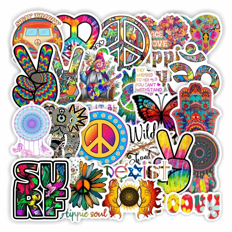 

10/50Pcs Cool Retro Hippies Stickers Love And Peace Stickers For Car Laptop Luggage Skateboards Diary Stationery Decal Sticker