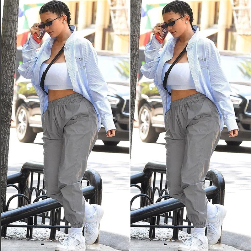 

Reflective Pantalon Femme Trousers Women Harem Pants Casual Loose Joggers Elastic Solid Long Women Punk Loose High Waist Pants