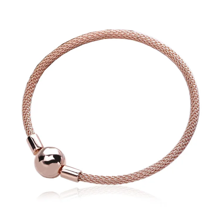 

925 Sterling Silver Bangle Rose Gold Snake Chain Basic Ball Clasp Mesh Bracelet Bangle Fit Women Bead Charm Diy Fine Jewelry