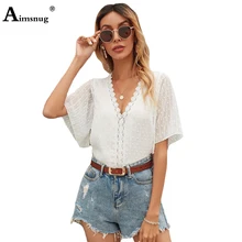 

Aimsnug Sexy V-neck Shirt Blusas Women Fashion Lace Blouse Loose Shirts 2022 Summer Half Sleeve Top Pullovers Lady Beachwear