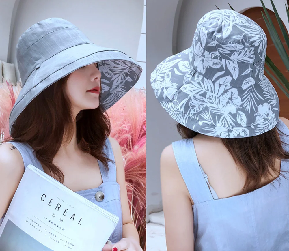 Women Fisherman Hat Sun Hat Outdoor Summer Floral Cap Cotton Double-sided
