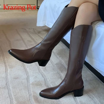 

Krazing pot top quality genuine leather round toe high heel western boots gladiator vintage wild beauty lady knee-high boots L81
