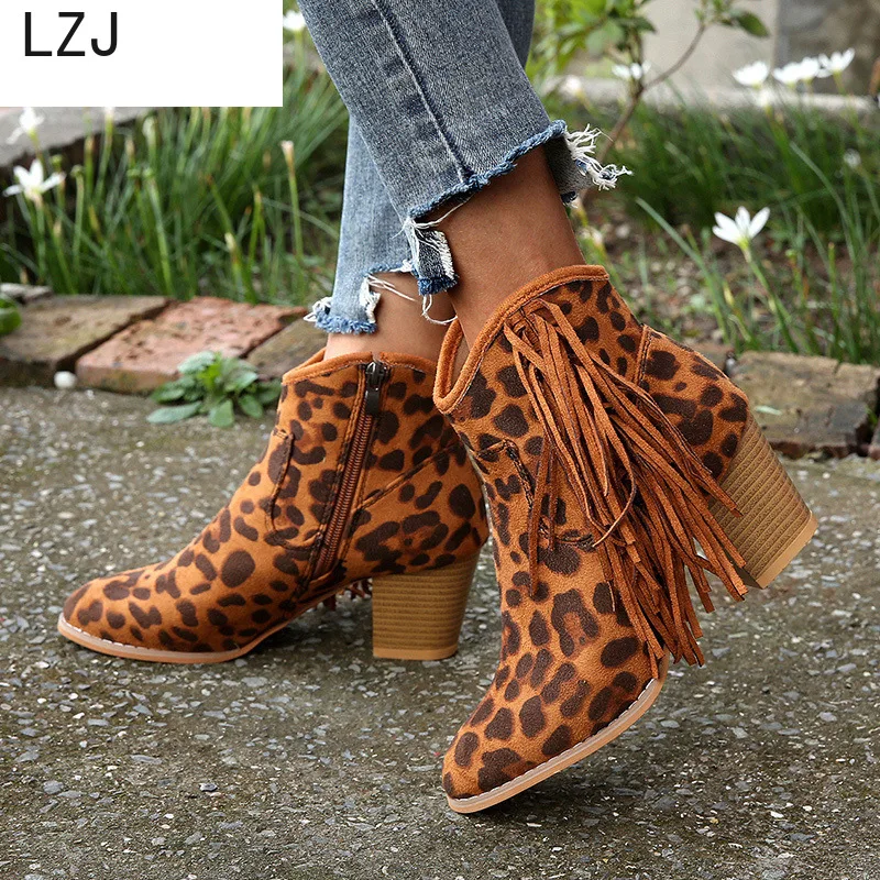 

LZJ Bohemian Boho Heel Boot Ethnic Women Tassel Fringe Faux Suede Leather Ankle Boots Woman Girl Flat Zapatos De Mujer Booties