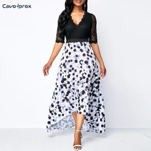 Женское платье в горошек с кружевом, асимметричное платье с v-образным вырезом размера плюс, элегантное платье до середины икры, платья макси