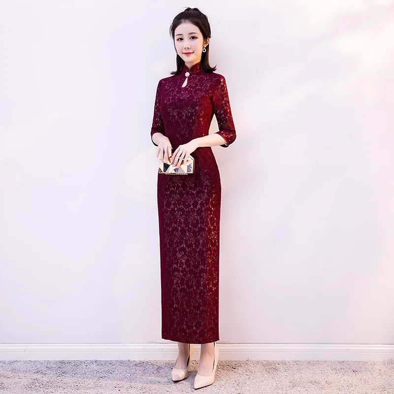 

Black Lace Chinese Wedding Dress Female Cheongsam Slim Chinese Traditional Dress Women Long Qipao for Wedding Party Dress