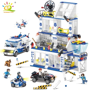 

HUIQIBAO 873pcs Police Station Prison Building blocks City policeman Figures truck car Bricks set Educational Toys For Children