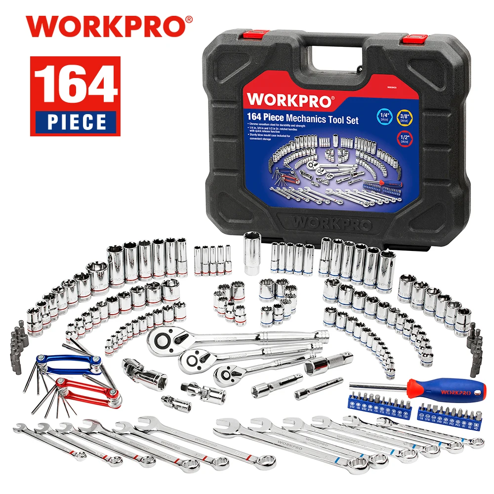 „WORKPRO 164PC“ įrankių rinkinys, skirtas automobilių remonto priemonėms. Mechaninių įrankių lizdų rinkinys Veržliarakčio komplektas