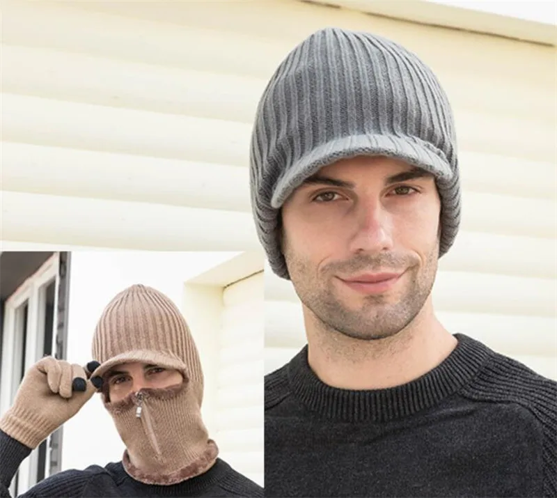 Winter Men Zip Hooded Scarf With Golves Women Plush Knitted Hat Scarves Male Woman Warm Protection Ear Brim Cap Adult