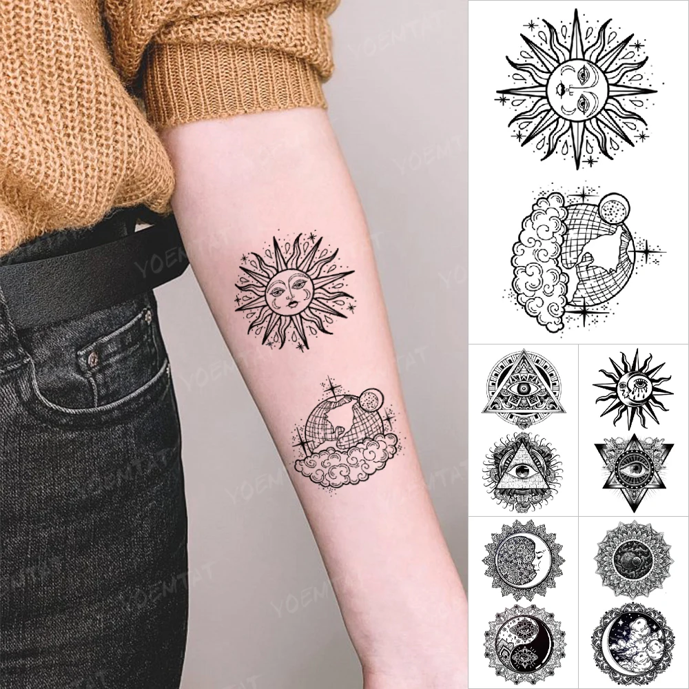 

Водостойкие временные тату-наклейки Sun Baby, наклейки с рисунком земли, звездного неба, глаза, тотем, флэш-тату, для женщин, Простые художественные татуировки из хны для мужчин