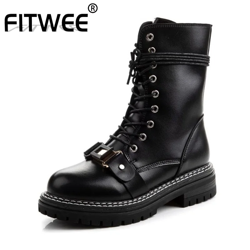 

FITWEE 2020 New Fashion Real Leather Winter Ankle Boots Thick Sole Buckle Motorcycle Boots Daily Shoes Footwear Size 35-39