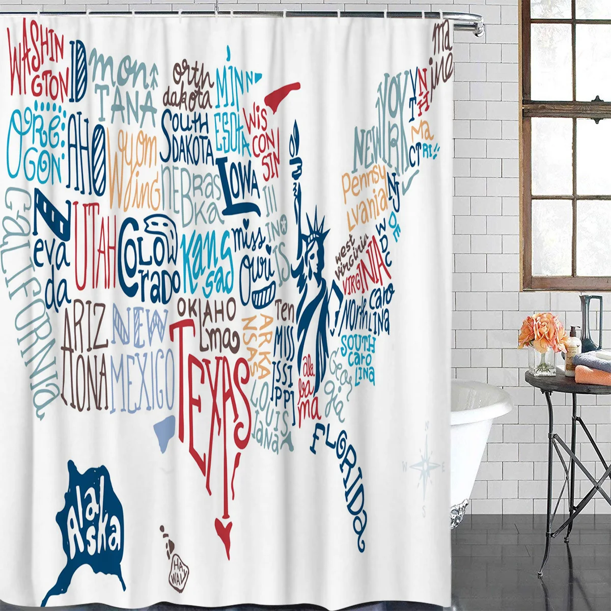 Modern Shower Curtain Alphabet Map Usa Art Waterproof Polyester Fabric