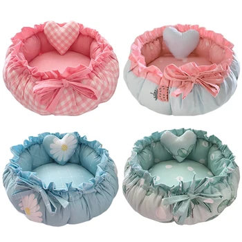 

Princess Style Sweety Pet Dog Bed Cat Bed House Cushion Kennel Pens Sofa with Pillow Warm Sleeping Bag-Lattice-S