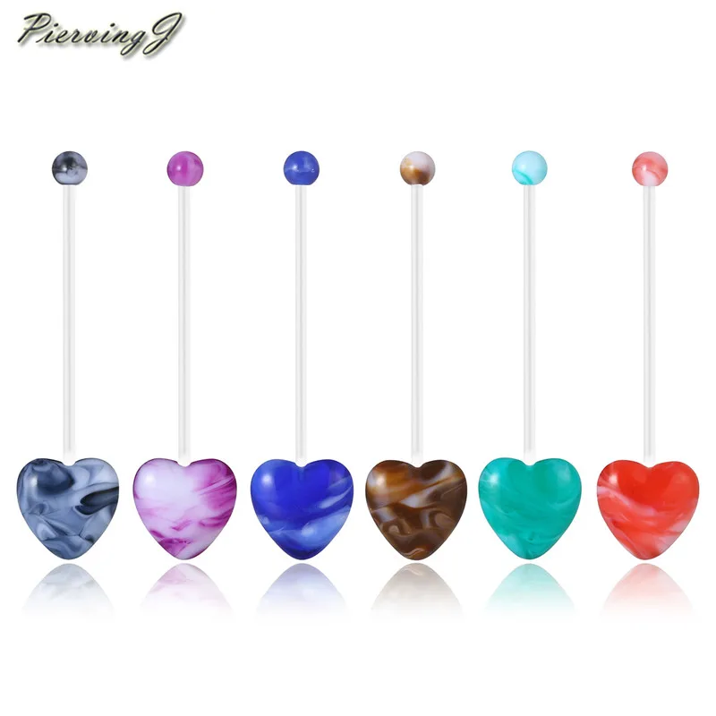 

PiercingJ 6pcs 14G Belly Button Rings Set Mix Color Heart UV Ball Flexible Acrylic Bioflex Bar Long Navel Barbell Body Piercing