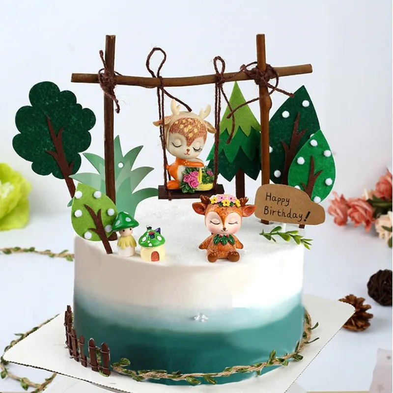 Олень качели цветы торт украшение ребенка с днем рождения украшения десерт выпечки торт Топпер Декор