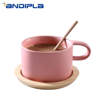 

200cc Creative Ceramic Macaron Color Coffee Cup with Wood Saucer Brief Nordic Style Coffee Mug Milk Teacup Home Office Drinkware