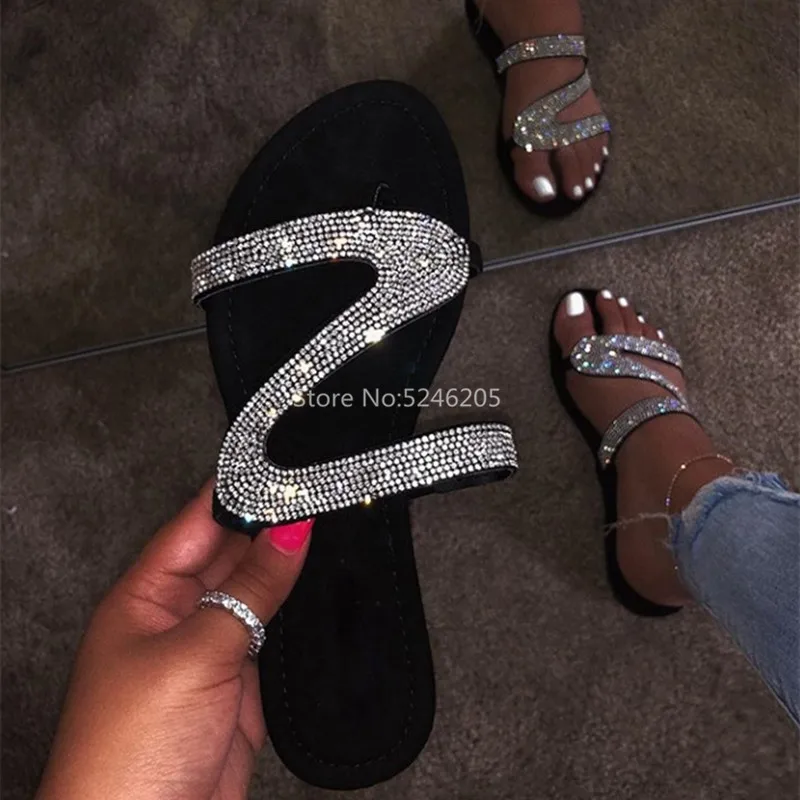 

S Shape Diamond Women Sandals Cheap Thong Black Sandalias Mujer Flats Beach Women Shoes Flip Flops