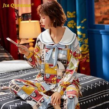 

Fashion Casual Pajamas Set Pj Set Woman Blue Spring Autumn Cartoon Printing Turn Down Collar Long Sleeve Long Pants Sleepwear