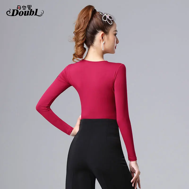 DOUBL Brand Latin Dance Training Clothes Female Adult Modern Dance Top V-neck Black National Standard Dance Blouse Dance Clothes