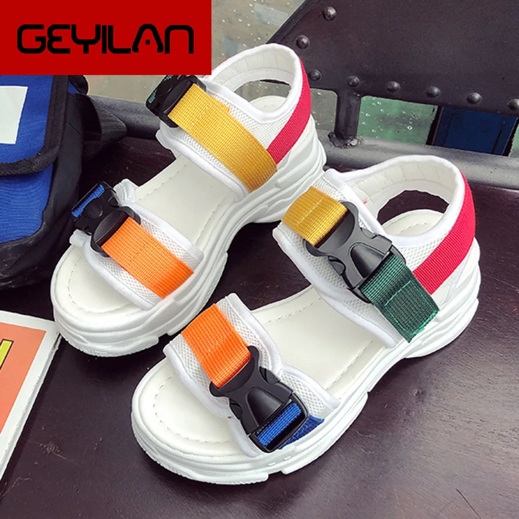 

Sandals Woman Shoes Mixed Colors Mid Heel Buckle Strap Round Toe Wedges Large Size Creativity Sandals Women Summer Shoes