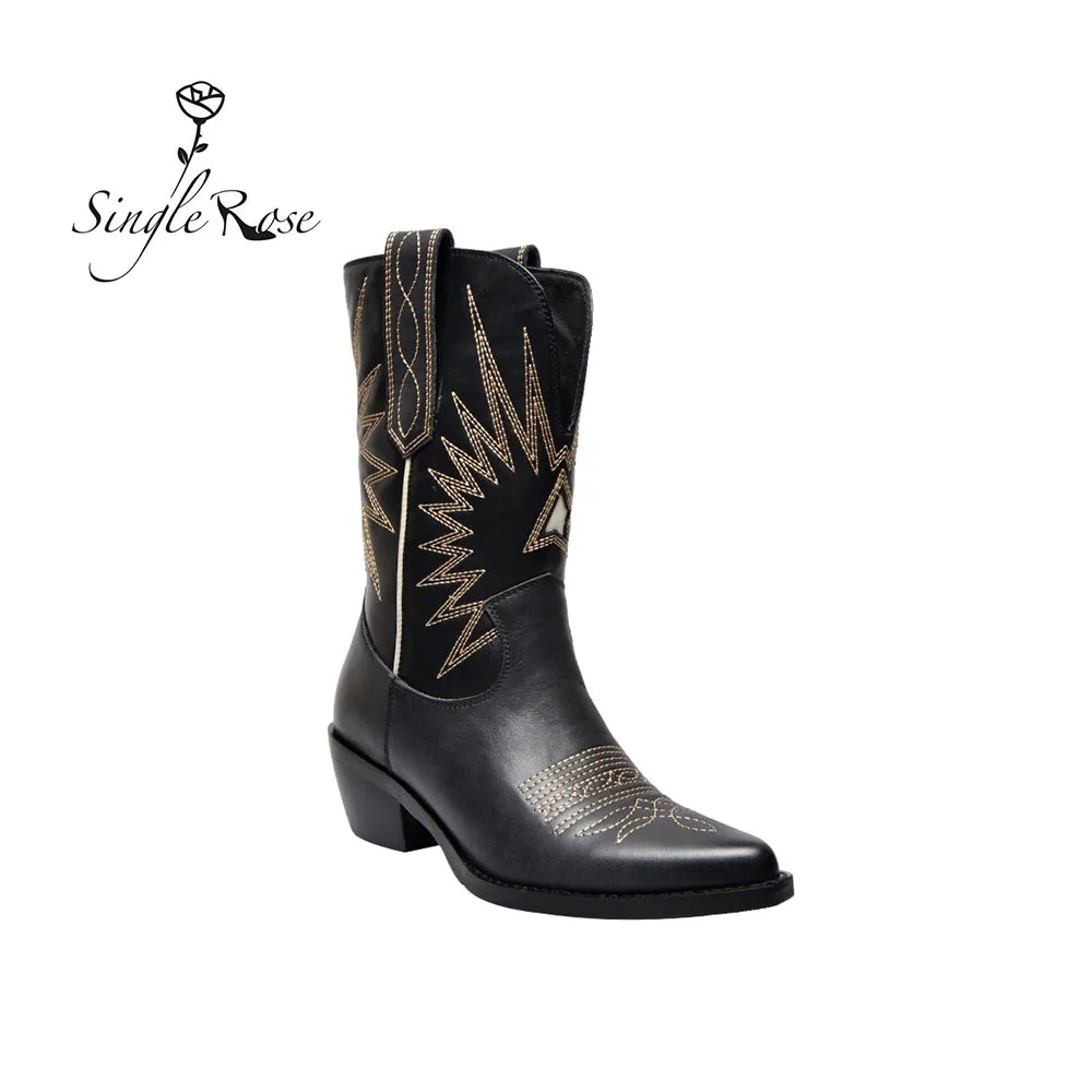 

Single Rose Winter Boot Shoes Women Black White Spring Autumn Fashion Western Med Heel Wedges Lady Leather Boot XZ35