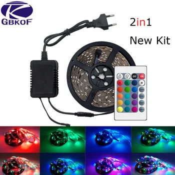 

New Kit 2in1 LED Strip Light RGB 5050 SMD 2835 Flexible Ribbon 60LEDs/M strip RGB 5M Tape Diode DC 12V+ Remote Control +Adapter