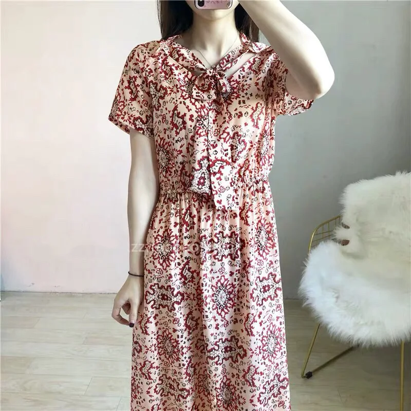 

Women Dress Spring and Summer Round Neck 100% Silk Lace Elastic Waist Dress