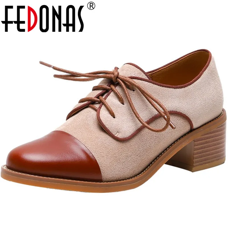 

FEDONAS New 2020 Women Cow Genuine Leather Shoes Spring Summer Office Lady Round Toe Square Heeled Cross-Tied Shoes Woman