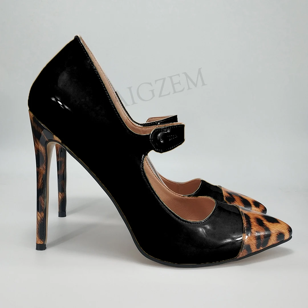 LAIGZEM/женские туфли на каблуке-шпильке в стиле пэчворк; Туфли Mary Jane на каблуке с острым носком для вечеринки; женские туфли-лодочки; г.; большие размеры 45, 46, 47 - Цвет: Black Leopard