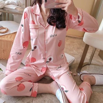 

2020 Autumn Women's Pajamas Sets with Flower Print Fashion Luxury Female Faux Silk Two Pieces Shirts + Pants Nighties Sleepwear