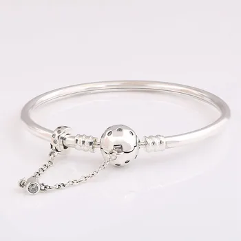 

100% 925 Sterling Silver Pan Bracelet Creative True Love Basic With Safety Chain Simple Bracelet Fit Diy Charm Women Jewelry