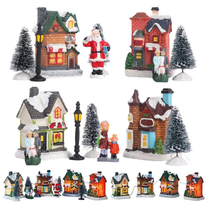 LED Resin Christmas Village Set Party Decoration Santa Claus Pine Needles Snow Street View House Holiday Gift Home Ornaments | Дом и сад