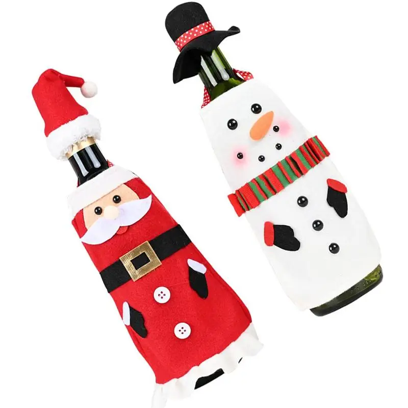 2 Sets Wine Bottle Cap and Apron Santa Snowman Bottle Decoration Cover Hat and Apron Ornament Accessary for Christmas