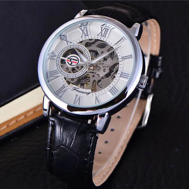 2021 Fashion 3D Logo Engraving Golden leather belt Men Mechanical Watch Forsining Transparent Case Top Brand Luxury Skeleton 