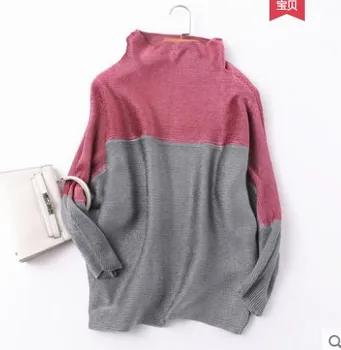 

HOT SELLING Miyake fold Loose fashion unique bat sleeve design long sleeve stand neck T-shirt patchwrok T-shirt IN STOCK
