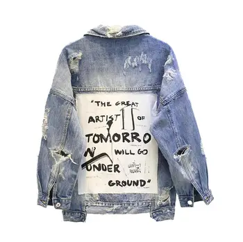 

2019 Spring Autumn New Patch plus size Denim Jacket Female Loose bf Unix Trend Coat women Frayed Holes Streetwear SA268S50