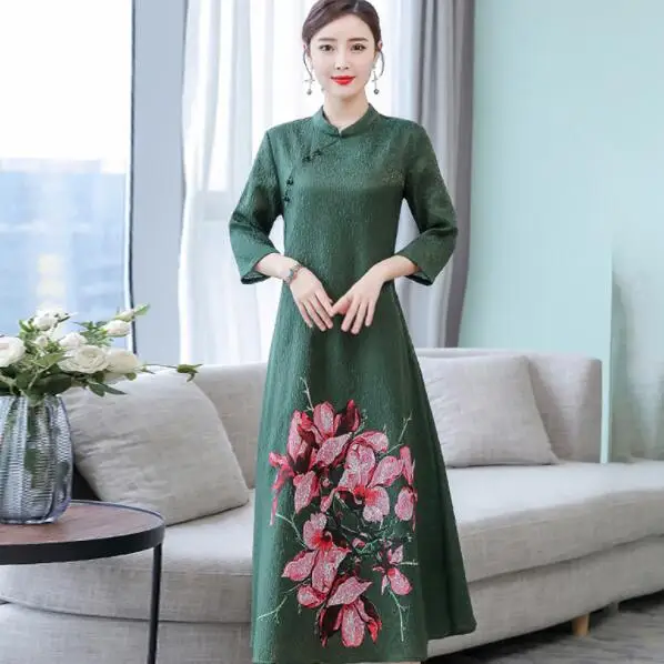 Женское платье большого размера, M-4XL, весна, Ретро стиль, cheongsam, платье с принтом, свободное платье, высокое качество, элегантное платье, DV635
