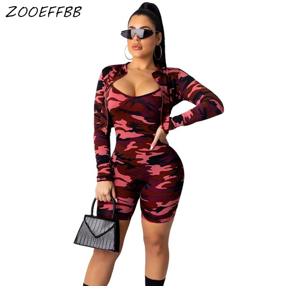 Zooefbb Камуфляжный комплект из двух предметов, Модный комбинезон Nova с длинным рукавом, короткие пальто, сексуальные Клубные наряды, комбинезоны, женские комбинезоны, шорты