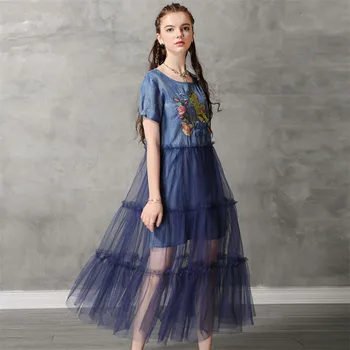 

Tiger Embroidery Women's Dress 2020 Summer Vintage Women Denim Dresses Sexy Mesh Chiffon Patchwork Vestido O-neck Woman Dress
