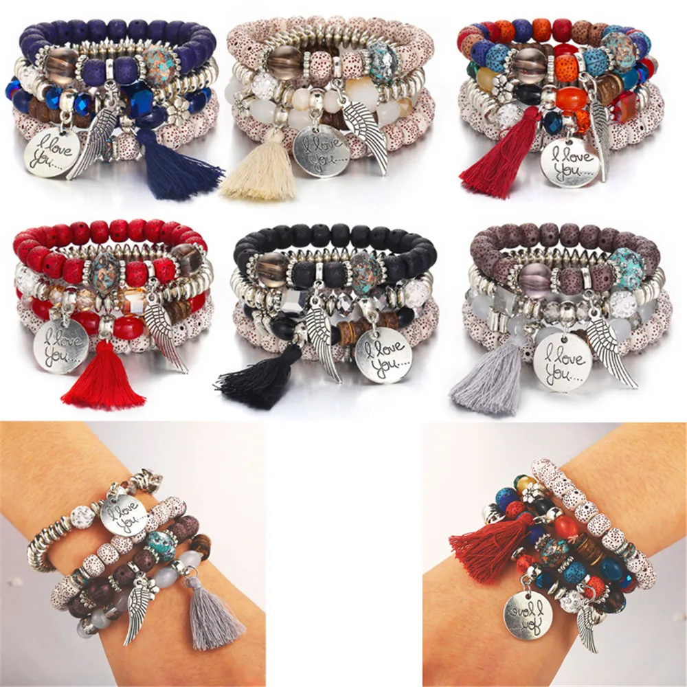 

4pcs/ Set Hot Retro Multilayer Bracelet Crystal Tassels Adjustable Bracelet Jewelry Ethnic Beaded Bracelet