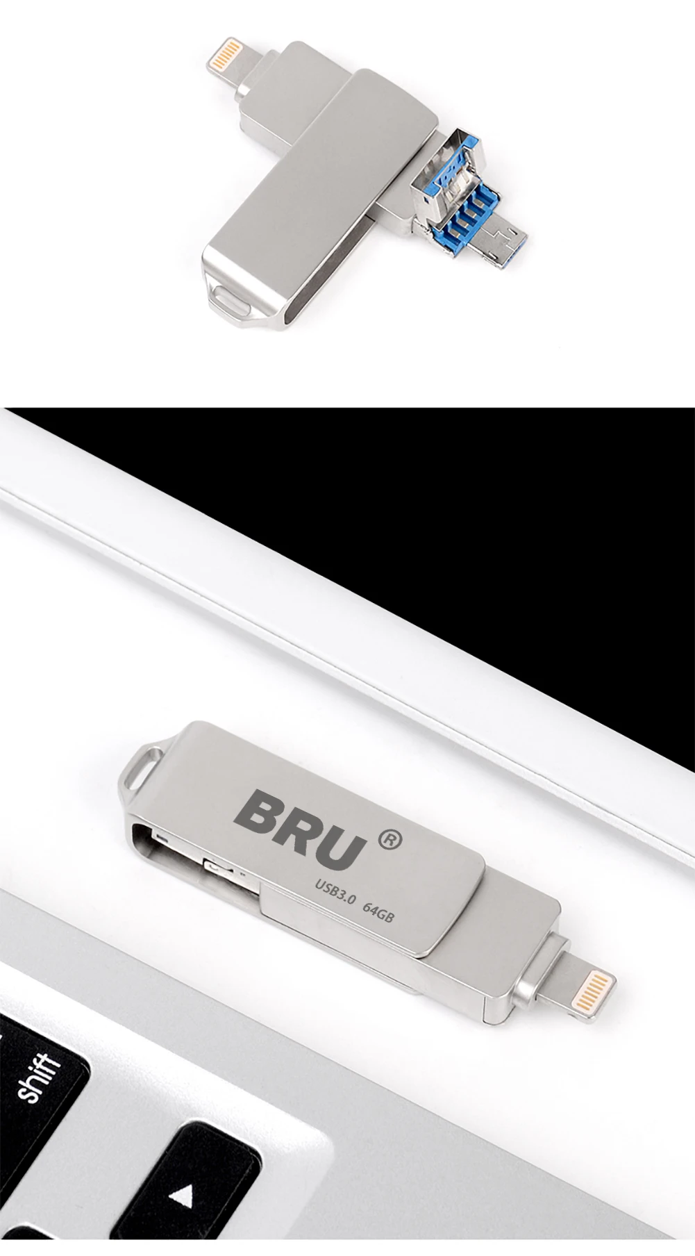 BRU usb OTG Флешка usb флеш-накопитель 3,0 3in116G32G64G128G256GB для iPhone 11 Pro XS X Android type-c логотип на заказ