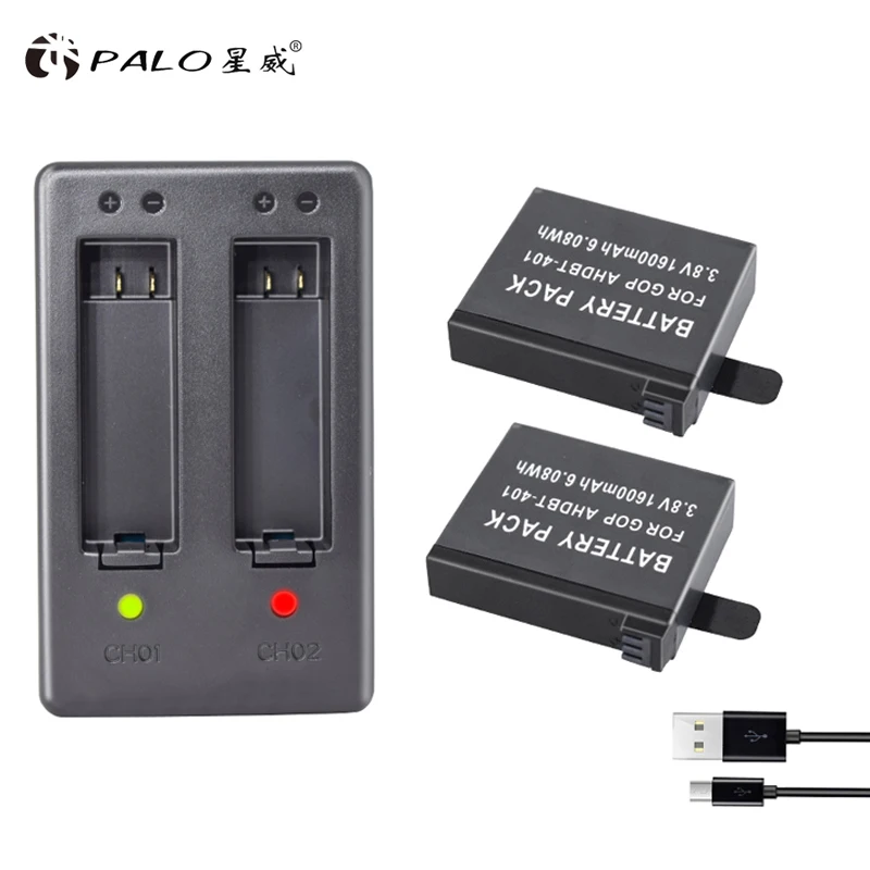 

PALO 2x1600mAh AHDBT-401 AHDBT 401 AHDBT401 HERO4 HERO 4 camera battery for GO PRO + Dual port Home Charger for AMKOV 7000S