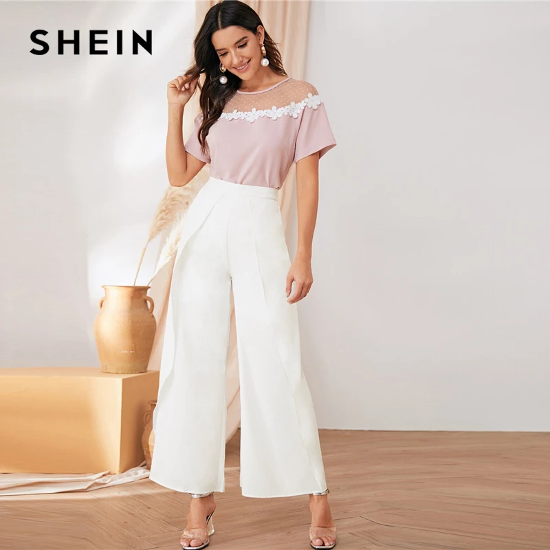 SHEIN белые Однотонные эластичные талии повседневные свободные длинные брюки женские брюки осенние широкие брюки с воланами для офисных дам