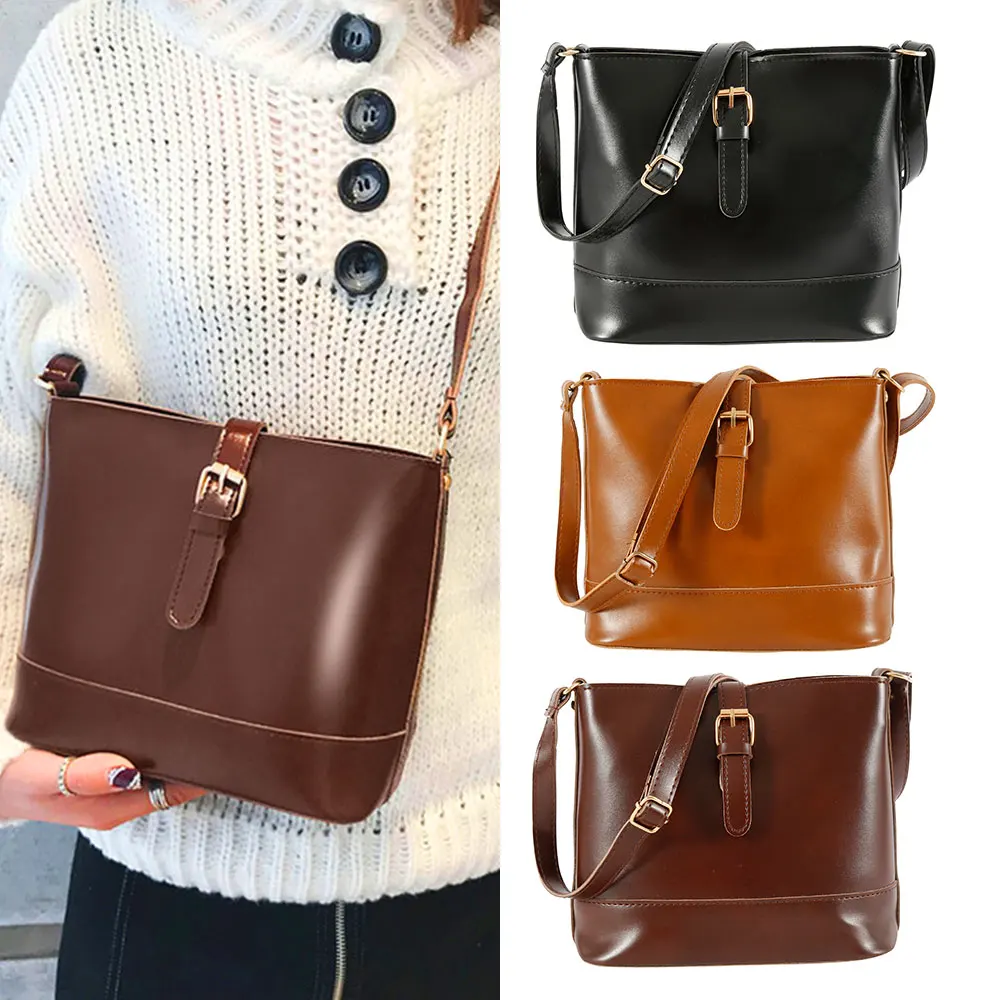 Fashion Women Bucket Bag Vintage Messenger Bag High Quality Retro Shoulder Bag Simple Crossbody Bag Tote Ladies PU Handbag