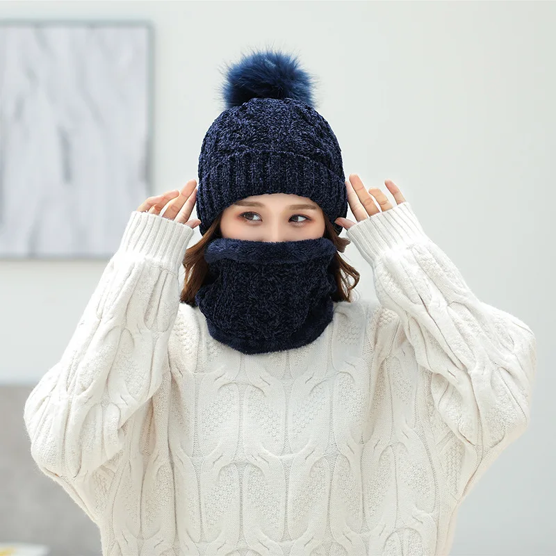 Womens Hats With Scarf Warm Fleece Inside Beanie Girls Winter Cap For Women Real Mink Fur Pompom Hat Female Knitted Caps - Color: Navy