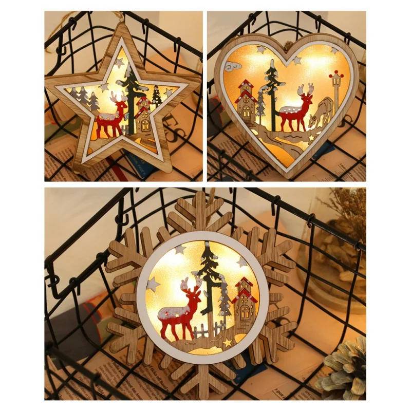 Рождественская елка, подвесное украшение, расписная деревянная рама, лампа на батарейках, подвесные подарочные украшения